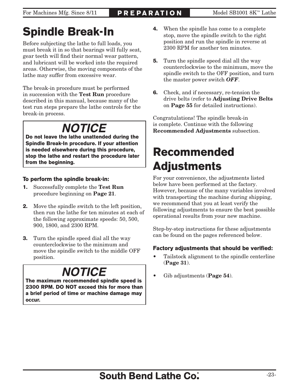 Spindle break-in, Recommended adjustments | Southbend SB1001 User Manual | Page 25 / 76