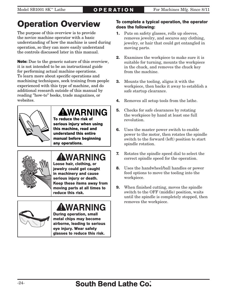 Operation overview | Southbend SB1001 User Manual | Page 26 / 76