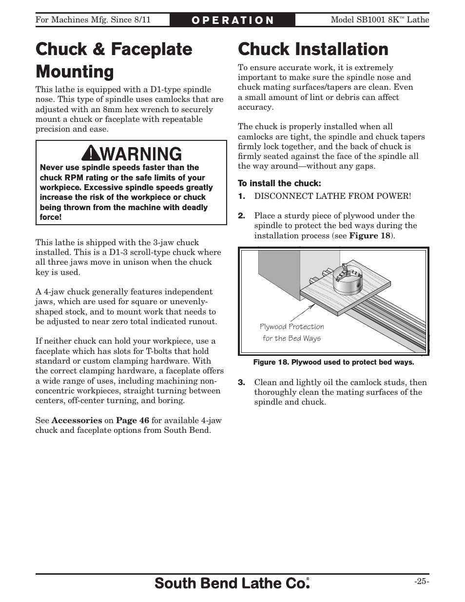 Chuck & faceplate mounting, Chuck installation | Southbend SB1001 User Manual | Page 27 / 76