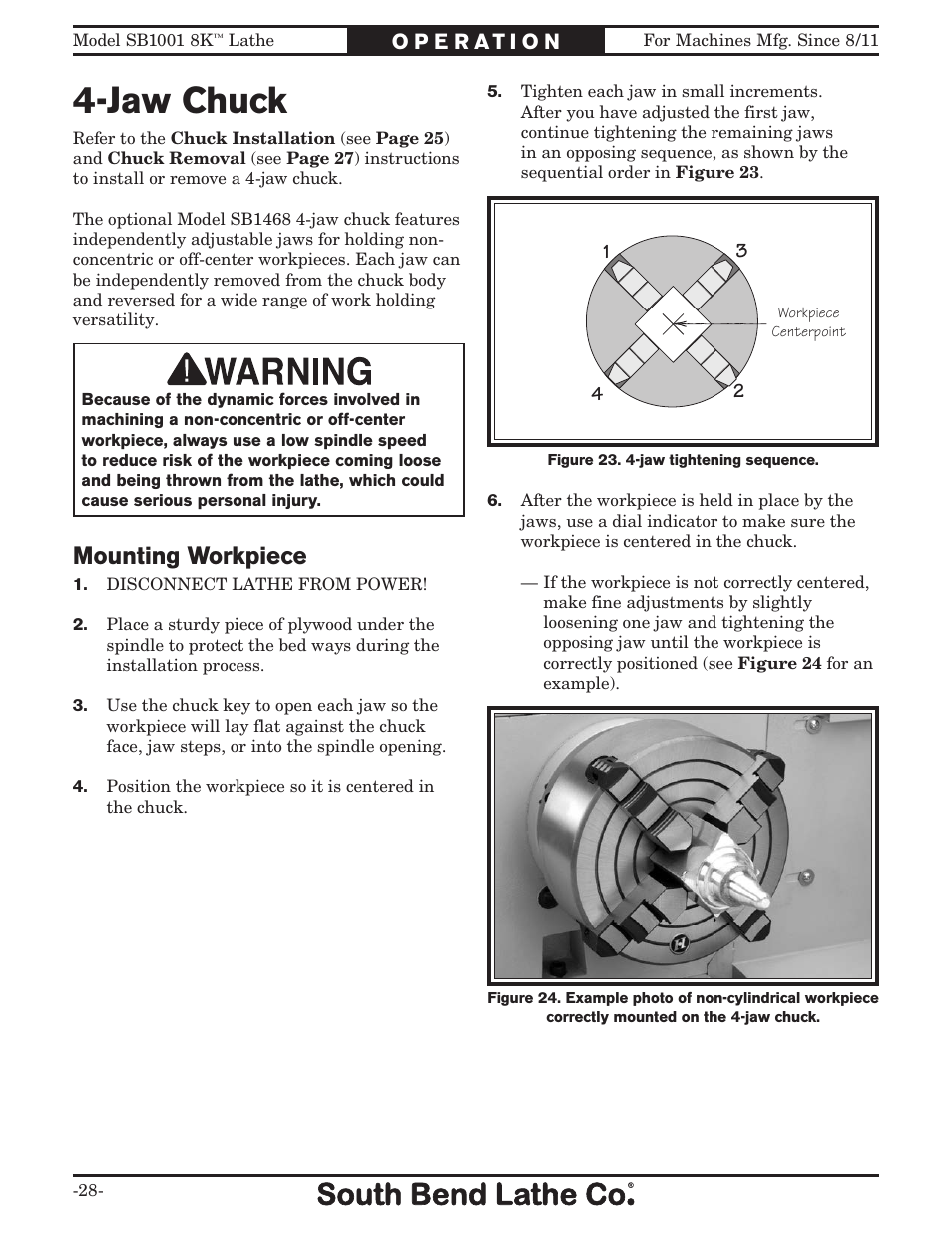Jaw chuck, Mounting workpiece | Southbend SB1001 User Manual | Page 30 / 76
