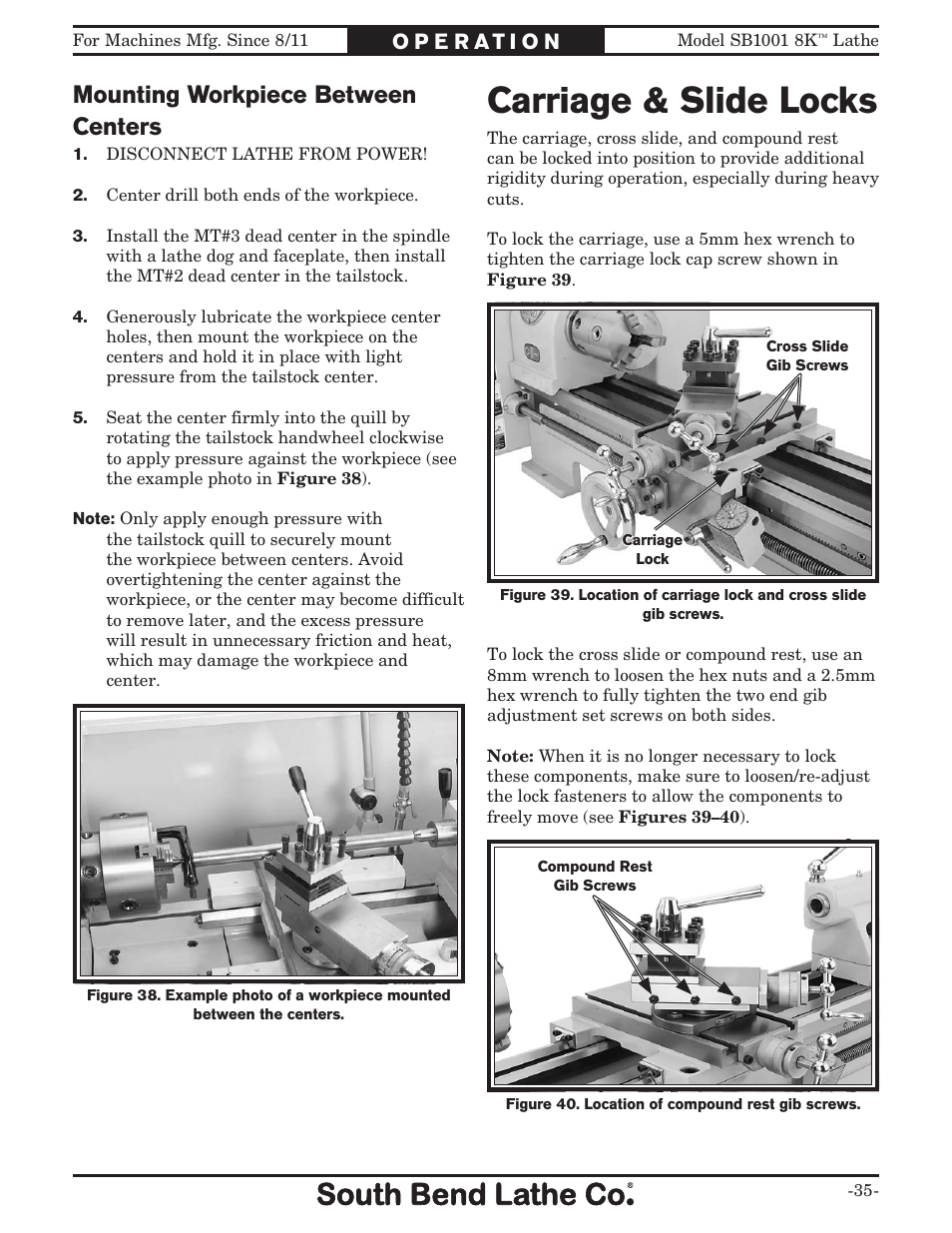 Carriage & slide locks, Mounting workpiece between centers | Southbend SB1001 User Manual | Page 37 / 76