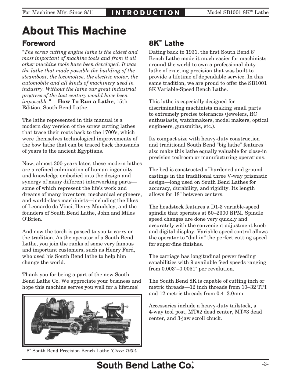 About this machine, Foreword, Lathe | Southbend SB1001 User Manual | Page 5 / 76