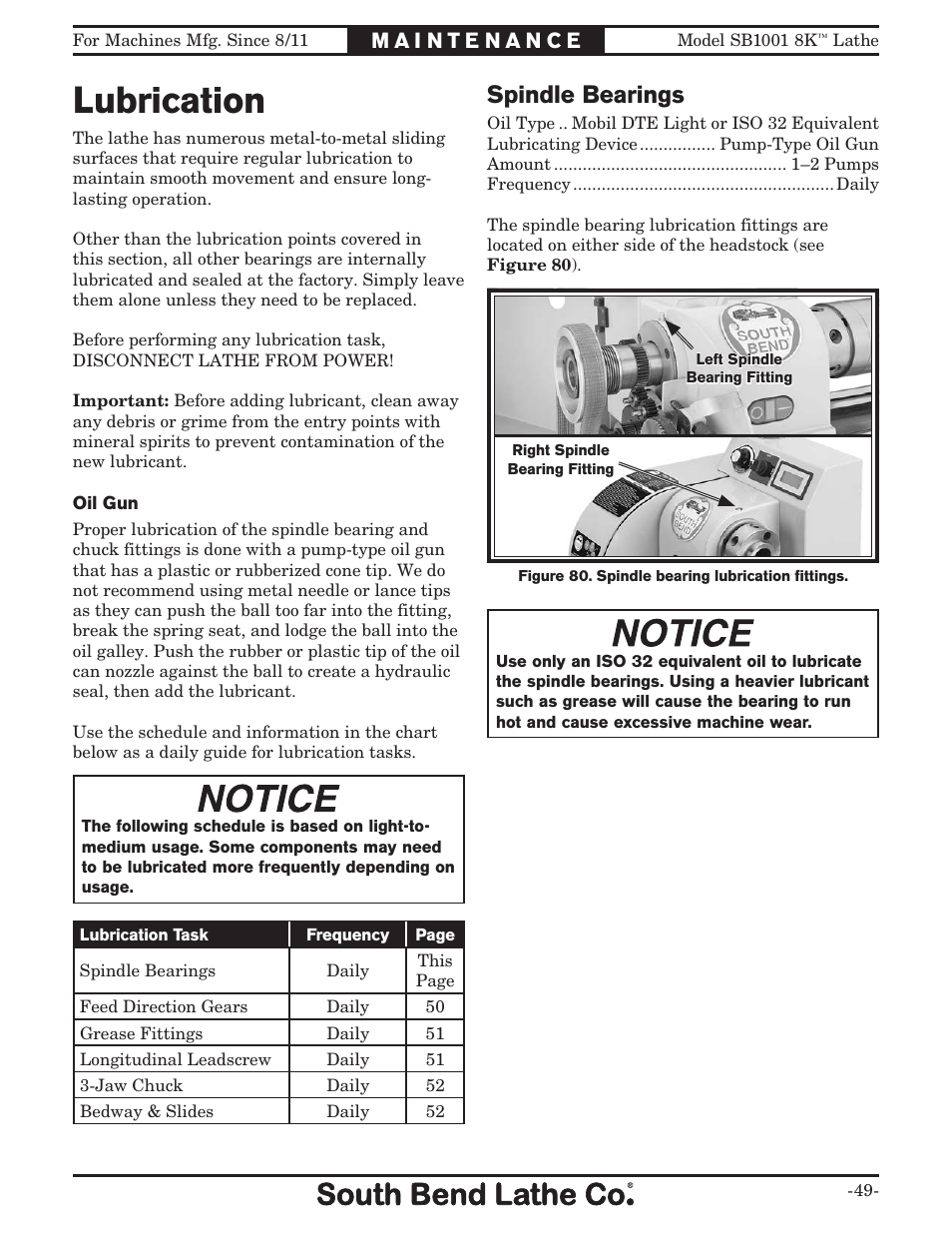 Lubrication, Spindle bearings | Southbend SB1001 User Manual | Page 51 / 76