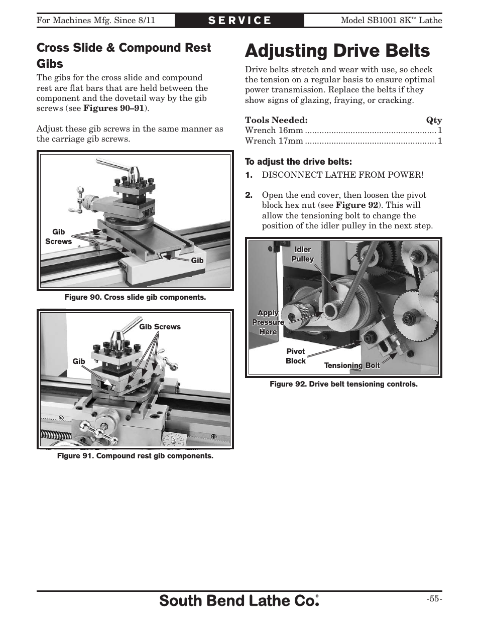 Adjusting drive belts, Cross slide & compound rest gibs | Southbend SB1001 User Manual | Page 57 / 76