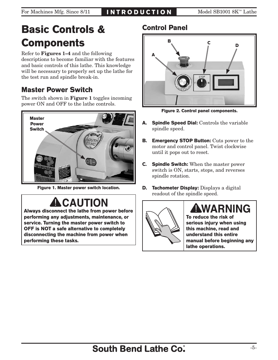 Basic controls & components, Master power switch, Control panel | Southbend SB1001 User Manual | Page 7 / 76