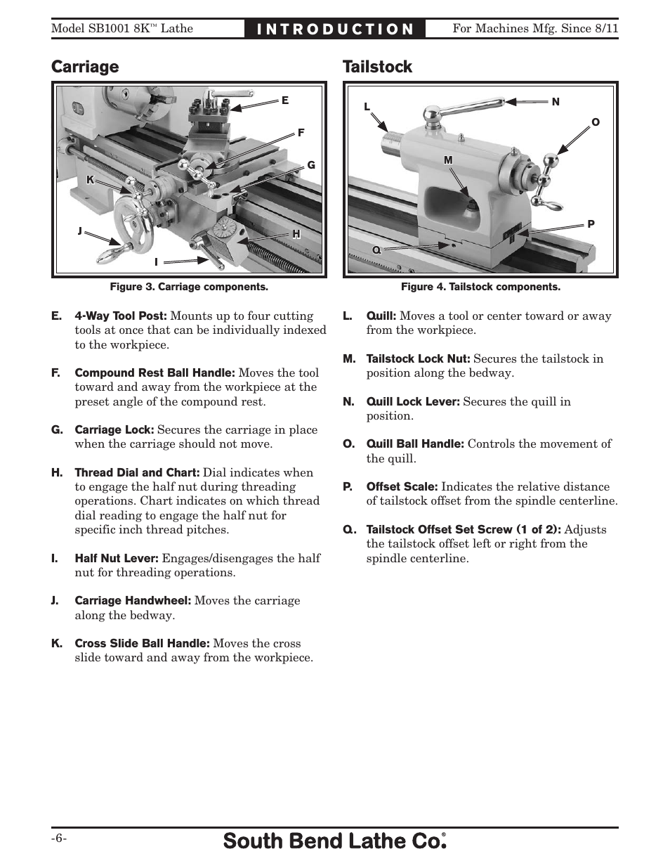 Carriage tailstock | Southbend SB1001 User Manual | Page 8 / 76