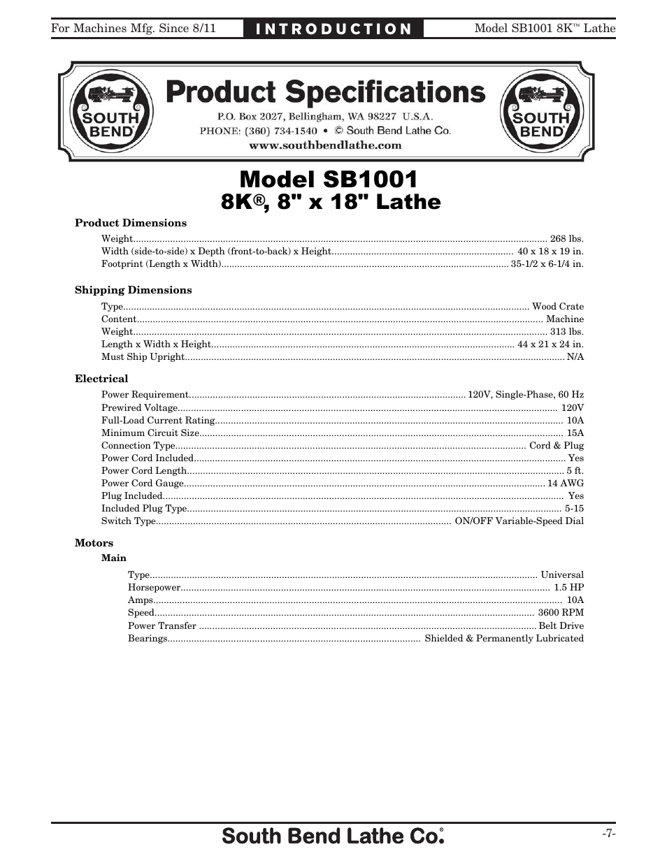 Model sb1001, 8" x 18" lathe | Southbend SB1001 User Manual | Page 9 / 76