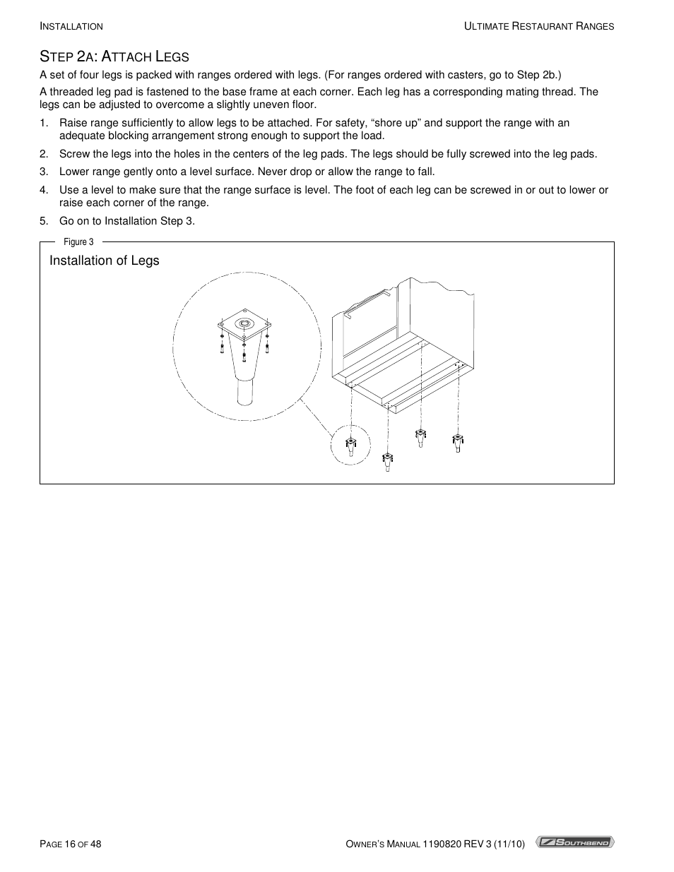 Installation of legs | Southbend 4365A User Manual | Page 16 / 48