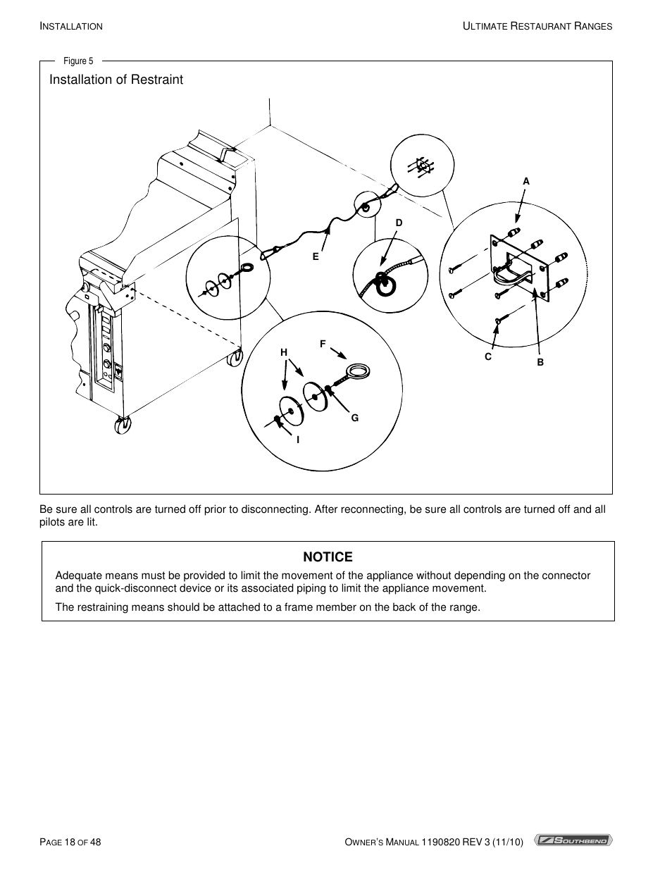 Installation of restraint, Notice | Southbend 4365A User Manual | Page 18 / 48