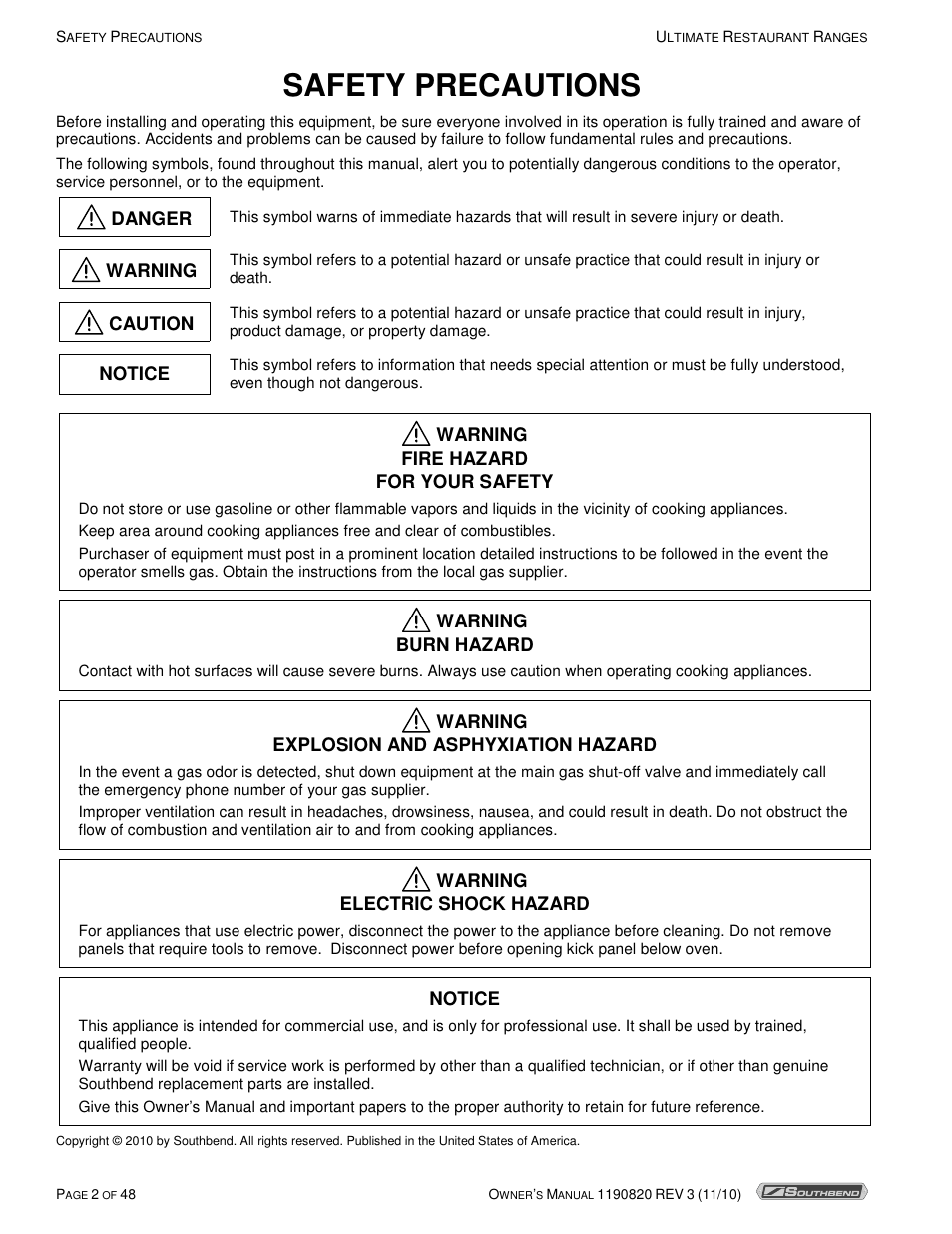 Safety precautions, Danger, Warning | Caution, Notice, Warning fire hazard for your safety, Warning burn hazard, Warning explosion and asphyxiation hazard, Warning electric shock hazard | Southbend 4365A User Manual | Page 2 / 48