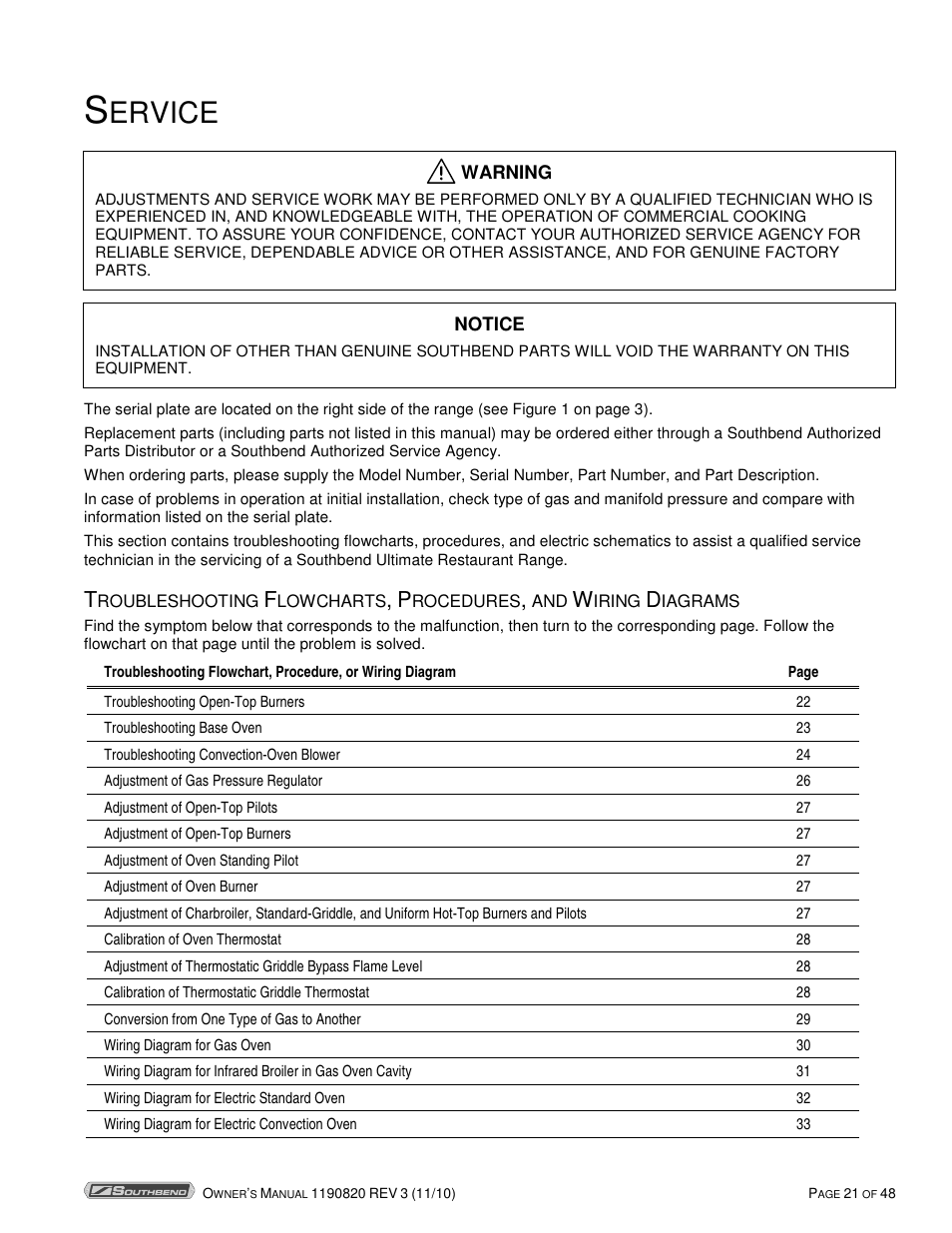 Ervice | Southbend 4365A User Manual | Page 21 / 48