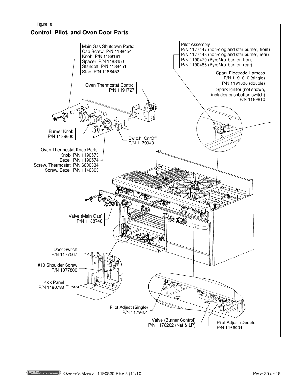 Control, pilot, and oven door parts | Southbend 4365A User Manual | Page 35 / 48