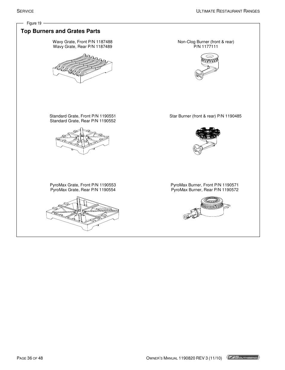 Top burners and grates parts | Southbend 4365A User Manual | Page 36 / 48