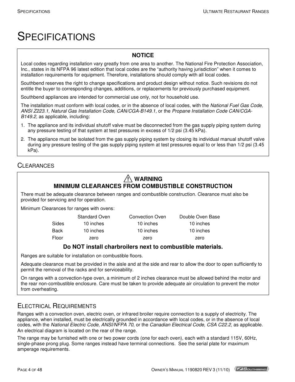 Pecifications | Southbend 4365A User Manual | Page 4 / 48