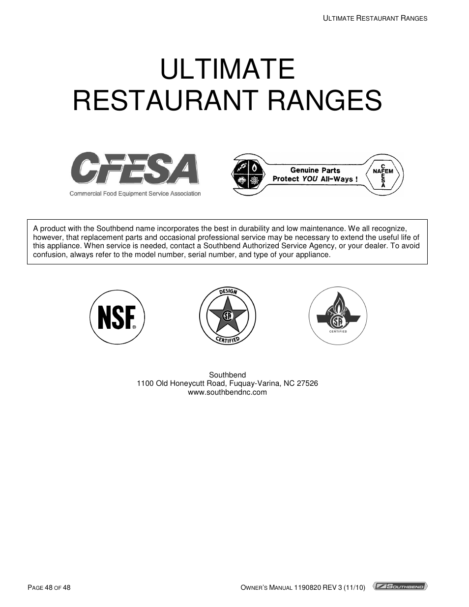 Ultimate restaurant ranges | Southbend 4365A User Manual | Page 48 / 48