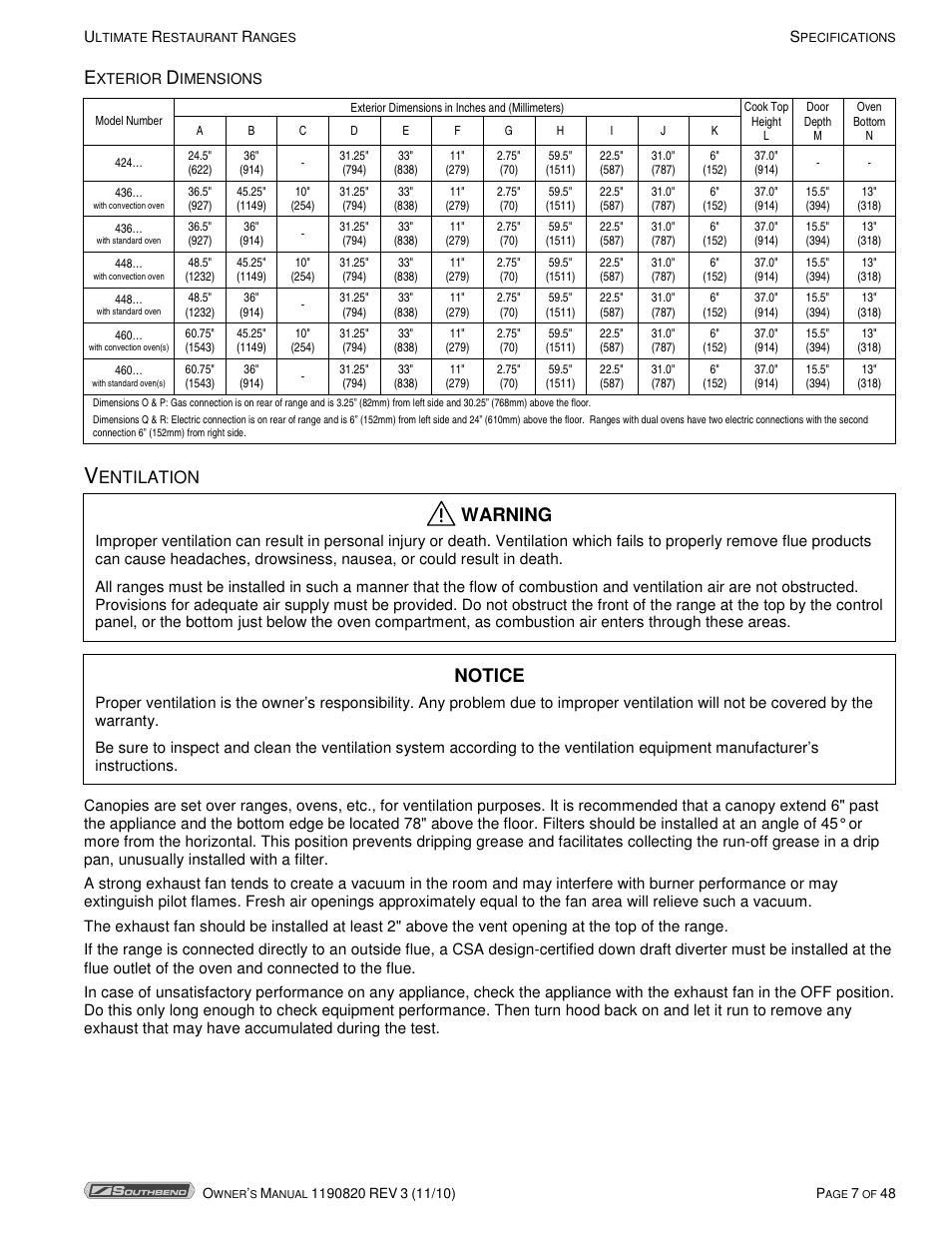 Warning, Notice, Entilation | Southbend 4365A User Manual | Page 7 / 48