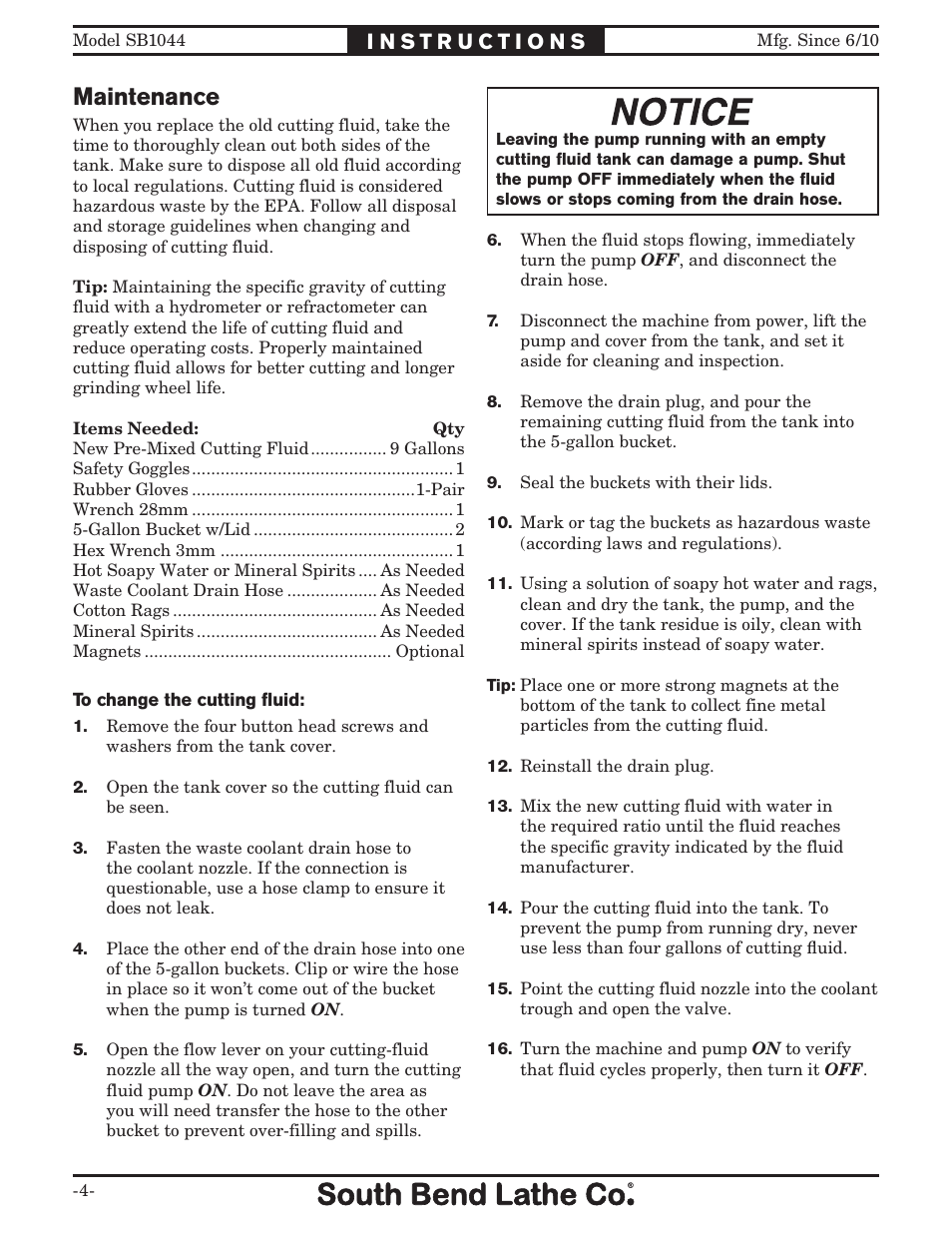 Maintenance | Southbend SB1044 User Manual | Page 4 / 8