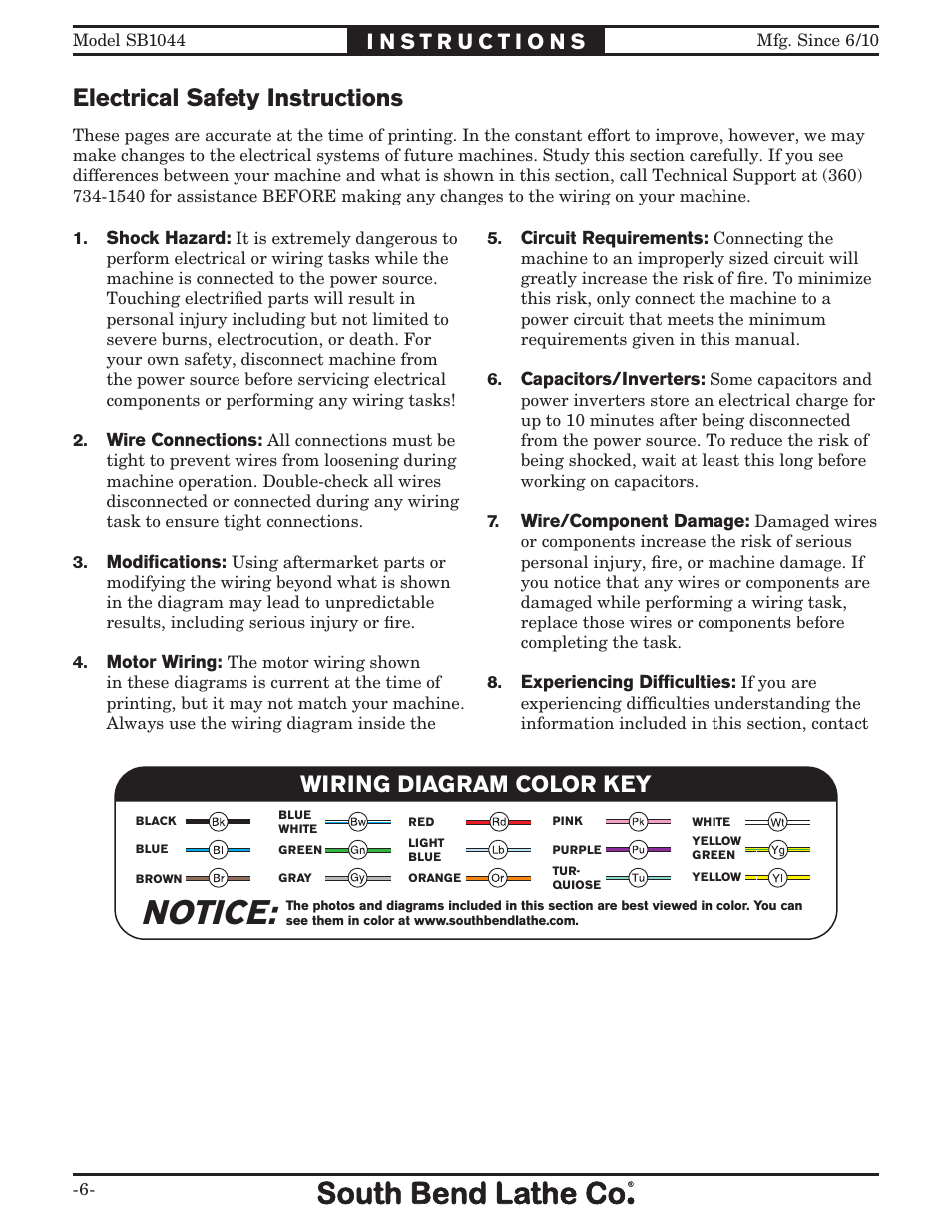 Notice, Electrical safety instructions, Wiring diagram color key | Southbend SB1044 User Manual | Page 6 / 8