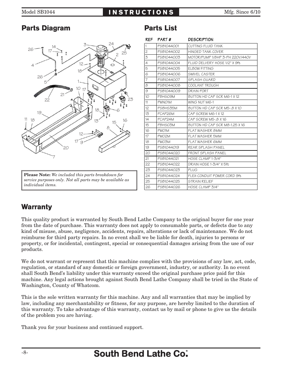 Parts list parts diagram, Warranty | Southbend SB1044 User Manual | Page 8 / 8