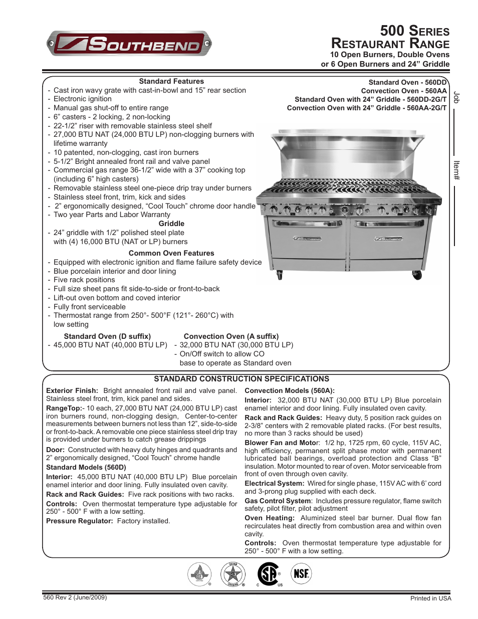 Southbend 500 Series User Manual | 2 pages