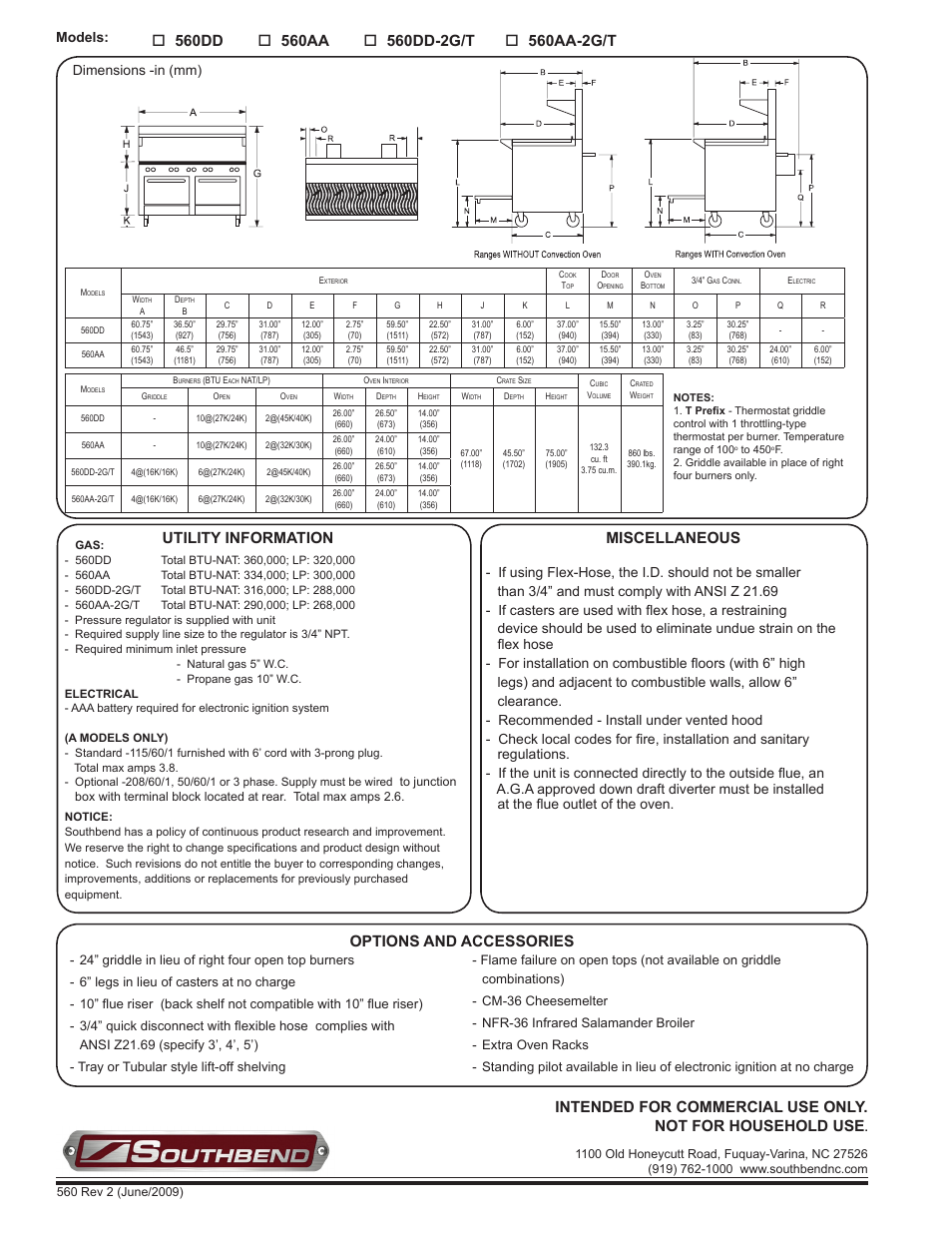 560dd, 560aa, 560dd-2g/t | Miscellaneous utility information, Options and accessories, Models, Dimensions -in (mm) | Southbend 500 Series User Manual | Page 2 / 2