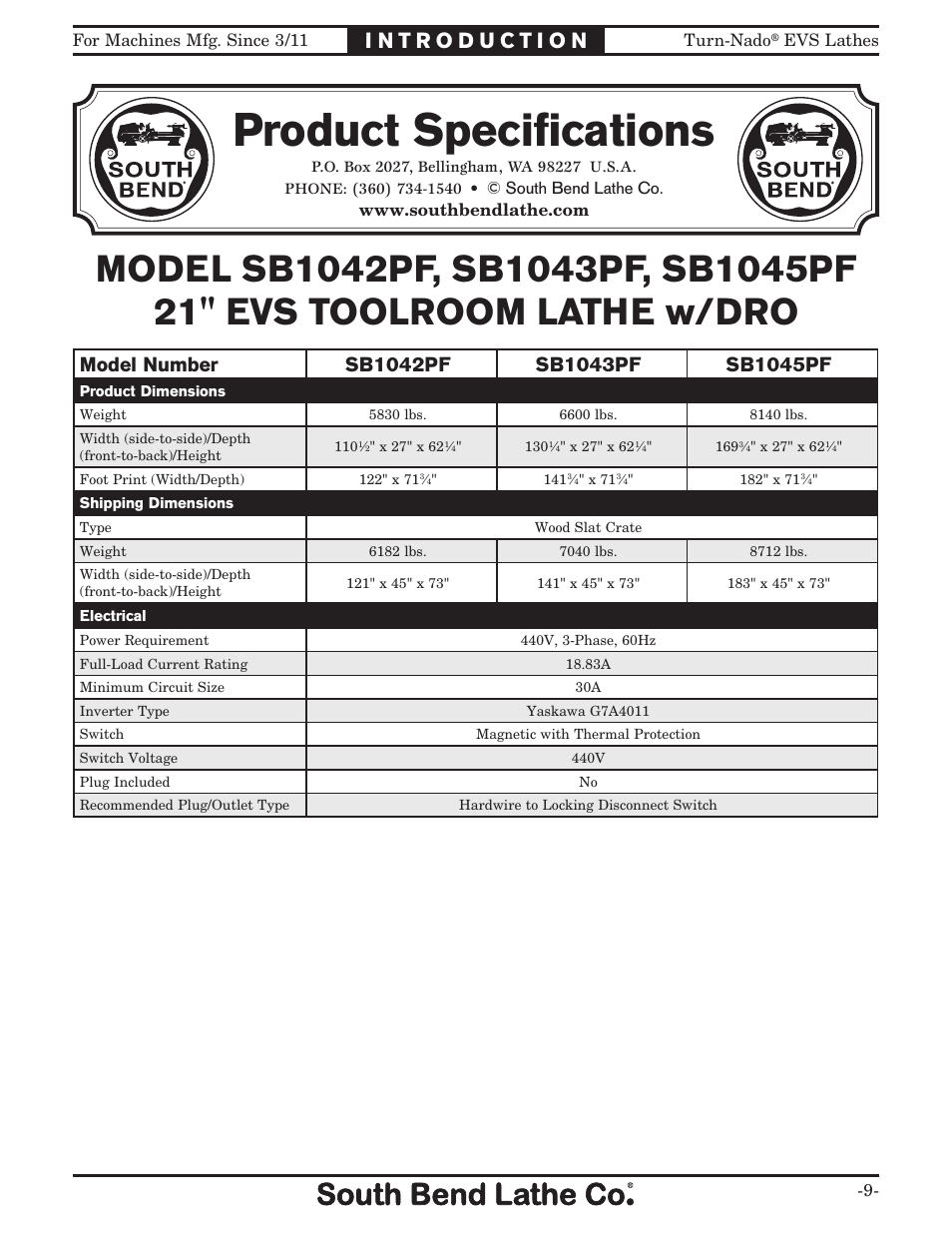 Product speciﬁcations | Southbend Turn-Nado EVS w/DRO SB1042PF User Manual | Page 11 / 140