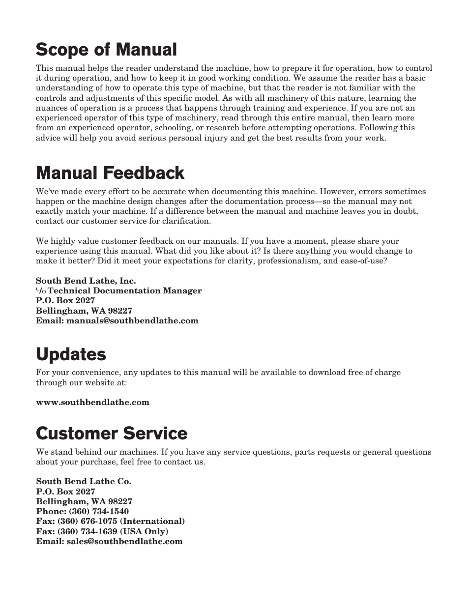 Customer service, Updates, Scope of manual | Manual feedback | Southbend Turn-Nado EVS w/DRO SB1042PF User Manual | Page 2 / 140