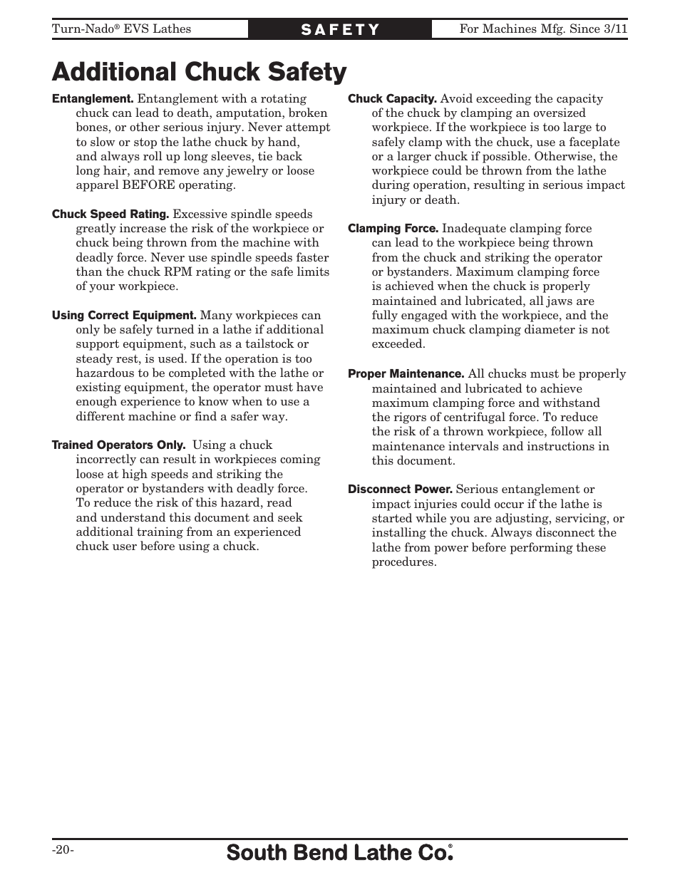 Additional chuck safety | Southbend Turn-Nado EVS w/DRO SB1042PF User Manual | Page 22 / 140