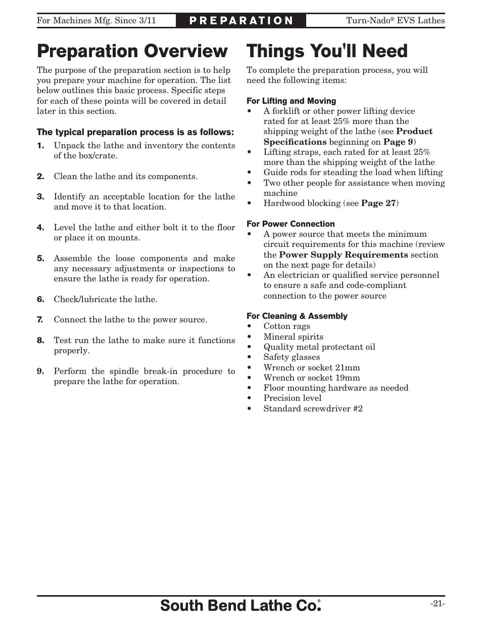 Preparation overview things you'll need | Southbend Turn-Nado EVS w/DRO SB1042PF User Manual | Page 23 / 140