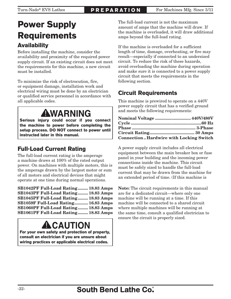 Power supply requirements, Availability, Full-load current rating | Circuit requirements | Southbend Turn-Nado EVS w/DRO SB1042PF User Manual | Page 24 / 140