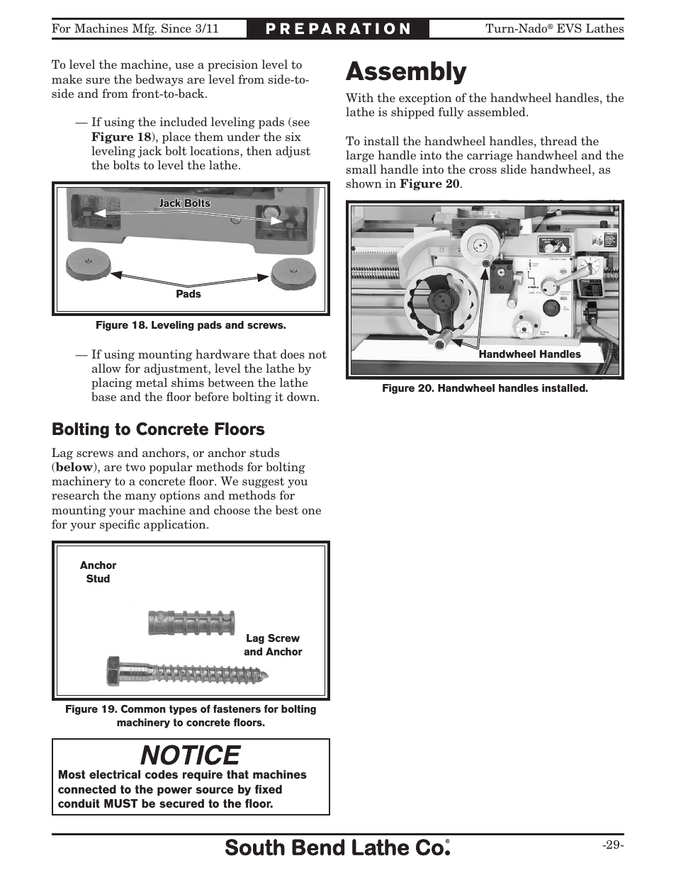 Assembly, Bolting to concrete floors | Southbend Turn-Nado EVS w/DRO SB1042PF User Manual | Page 31 / 140