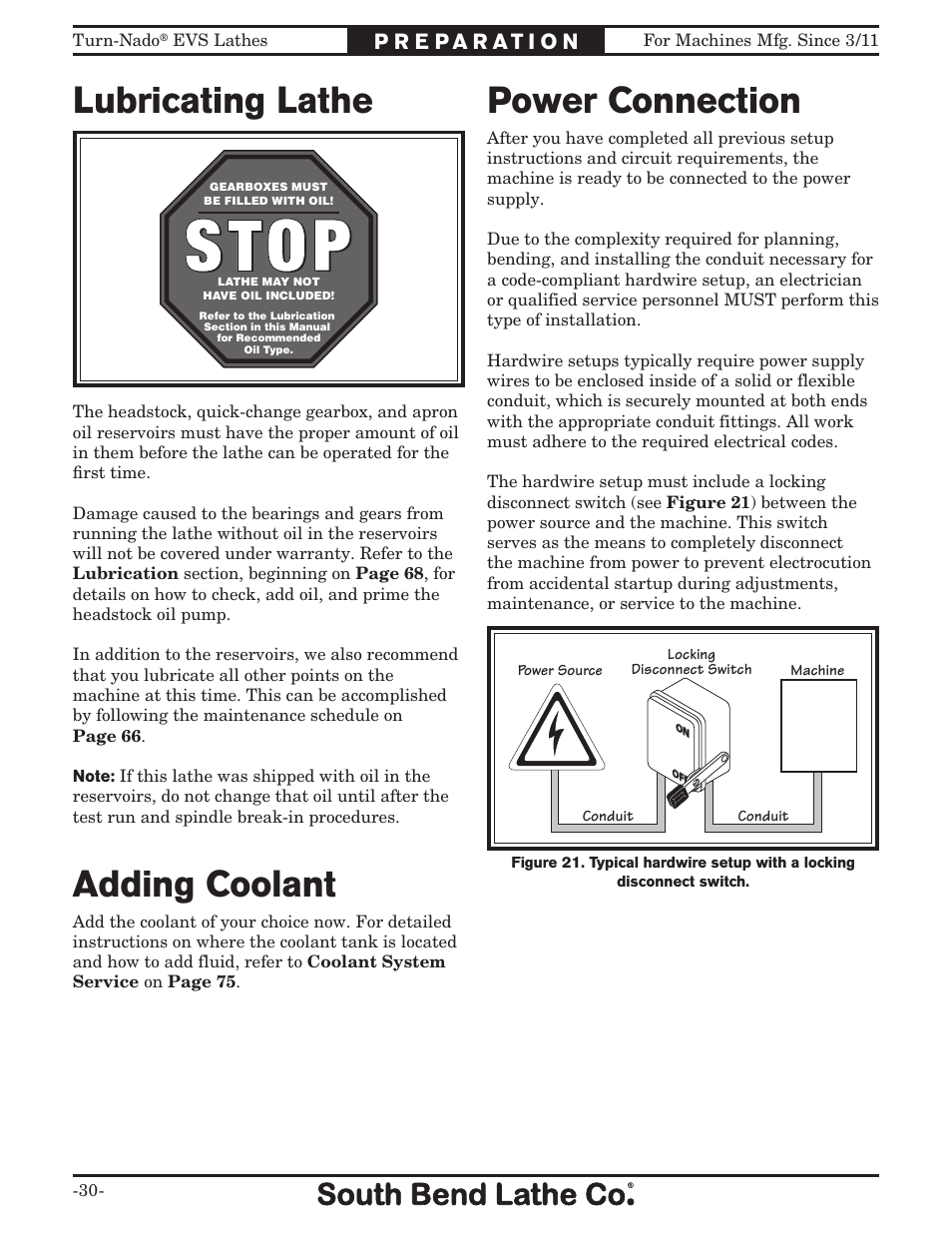 Power connection, Adding coolant, Lubricating lathe | Southbend Turn-Nado EVS w/DRO SB1042PF User Manual | Page 32 / 140