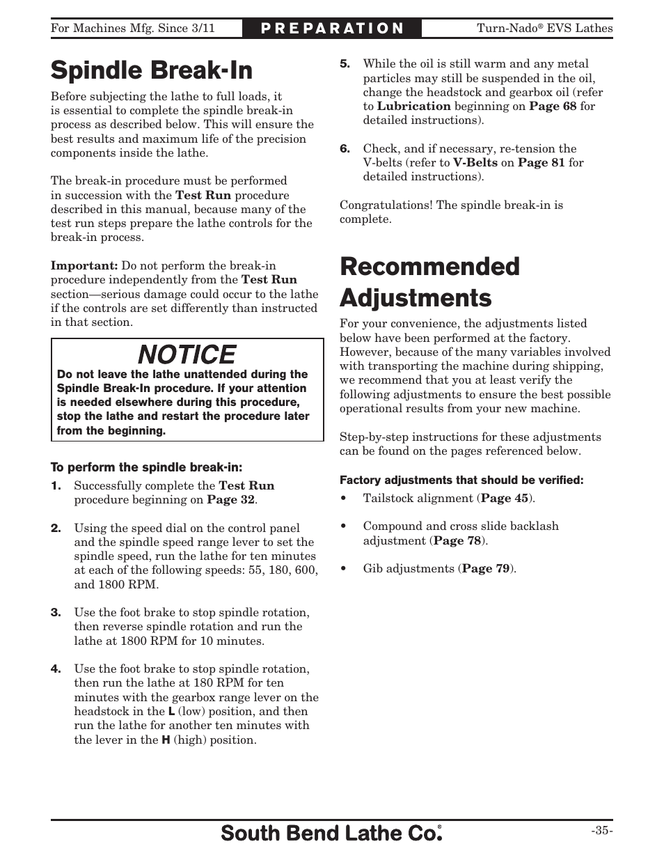 Spindle break-in, Recommended adjustments | Southbend Turn-Nado EVS w/DRO SB1042PF User Manual | Page 37 / 140