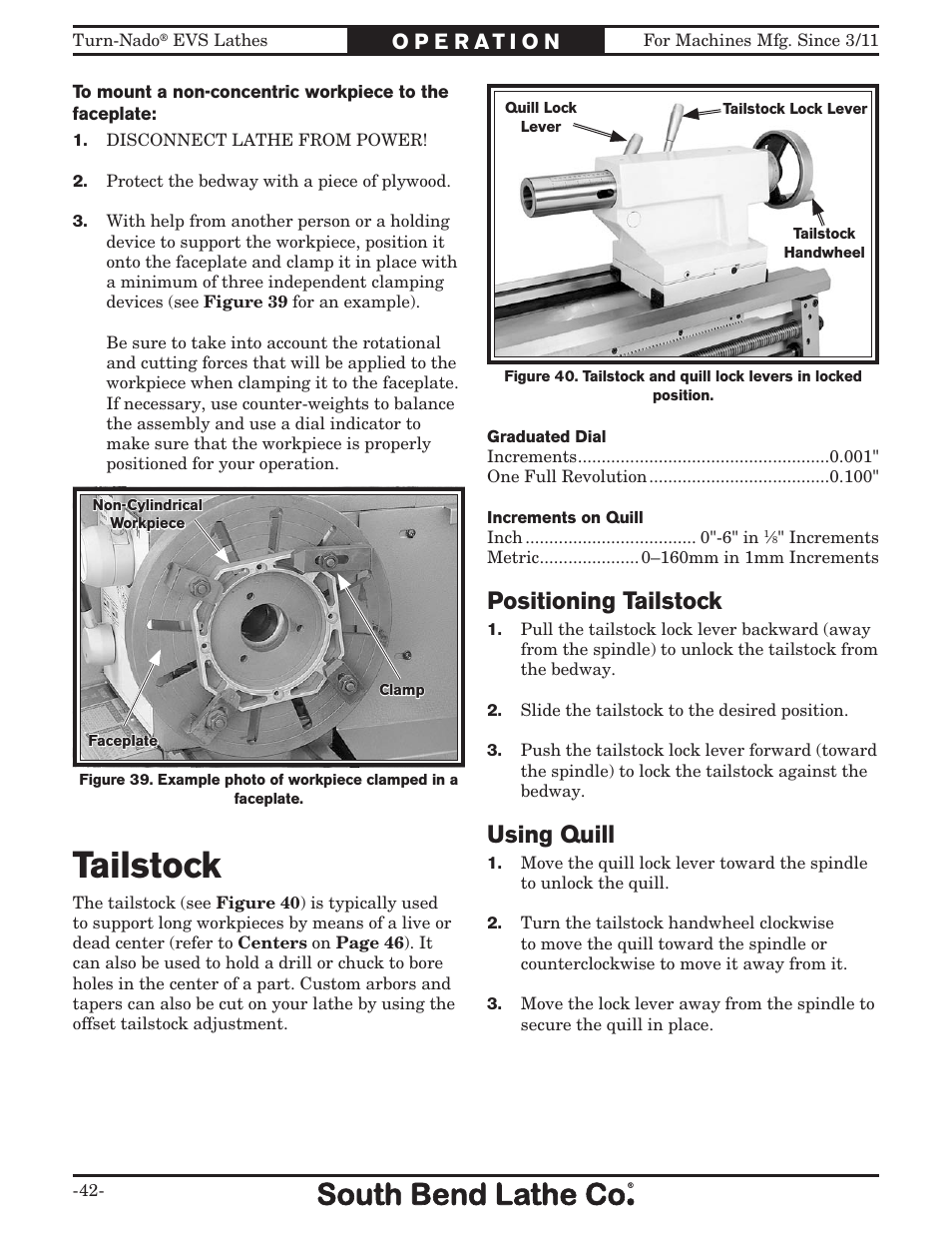 Tailstock, Positioning tailstock, Using quill | Southbend Turn-Nado EVS w/DRO SB1042PF User Manual | Page 44 / 140