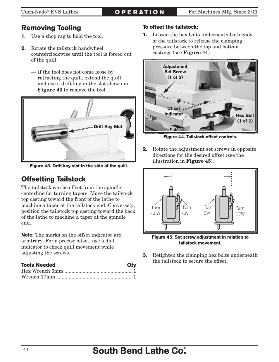 Removing tooling, Offsetting tailstock | Southbend Turn-Nado EVS w/DRO SB1042PF User Manual | Page 46 / 140