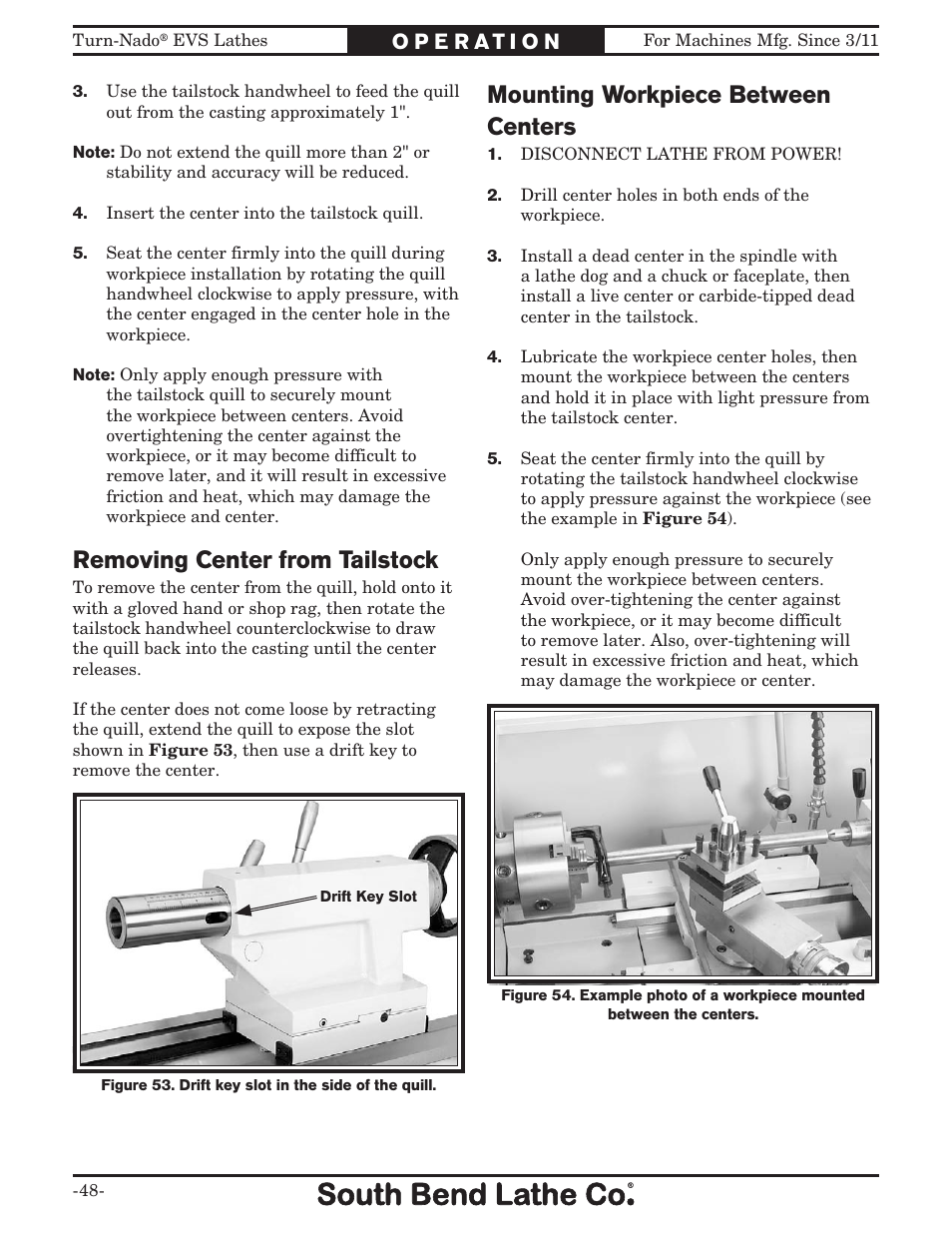 Removing center from tailstock, Mounting workpiece between centers | Southbend Turn-Nado EVS w/DRO SB1042PF User Manual | Page 50 / 140