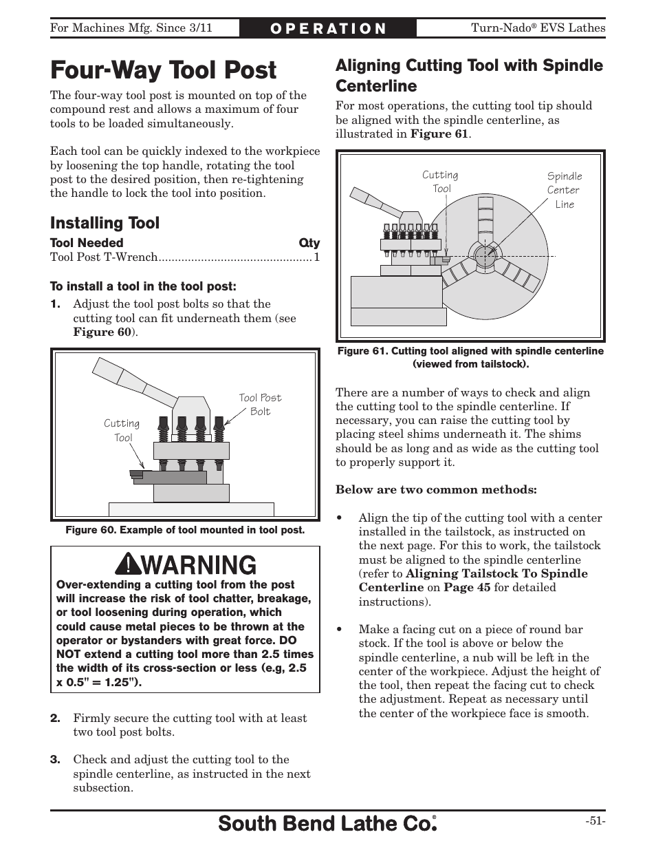 Four-way tool post, Installing tool, Aligning cutting tool with spindle centerline | Southbend Turn-Nado EVS w/DRO SB1042PF User Manual | Page 53 / 140