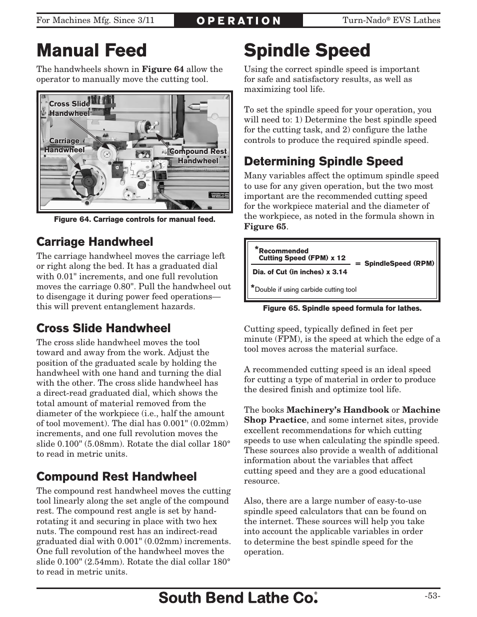 Manual feed, Spindle speed, Carriage handwheel | Cross slide handwheel, Compound rest handwheel, Determining spindle speed | Southbend Turn-Nado EVS w/DRO SB1042PF User Manual | Page 55 / 140