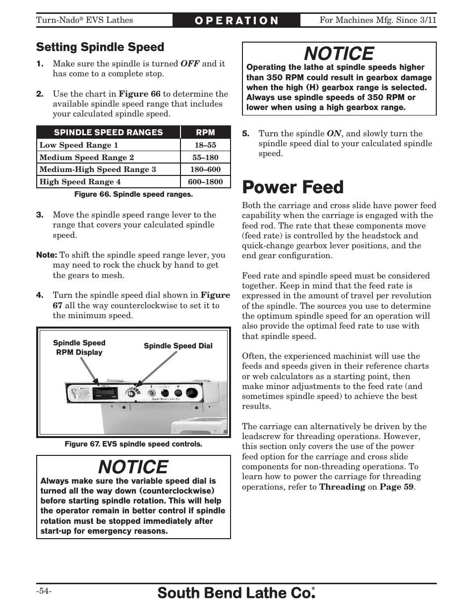 Power feed, Setting spindle speed | Southbend Turn-Nado EVS w/DRO SB1042PF User Manual | Page 56 / 140