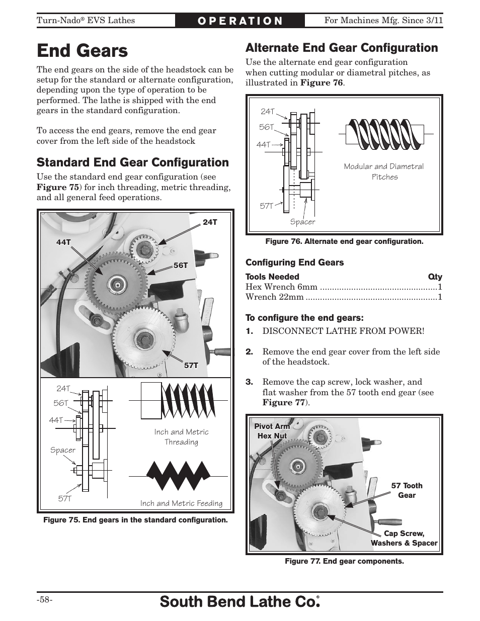 End gears, Standard end gear conﬁguration, Alternate end gear conﬁguration | Southbend Turn-Nado EVS w/DRO SB1042PF User Manual | Page 60 / 140