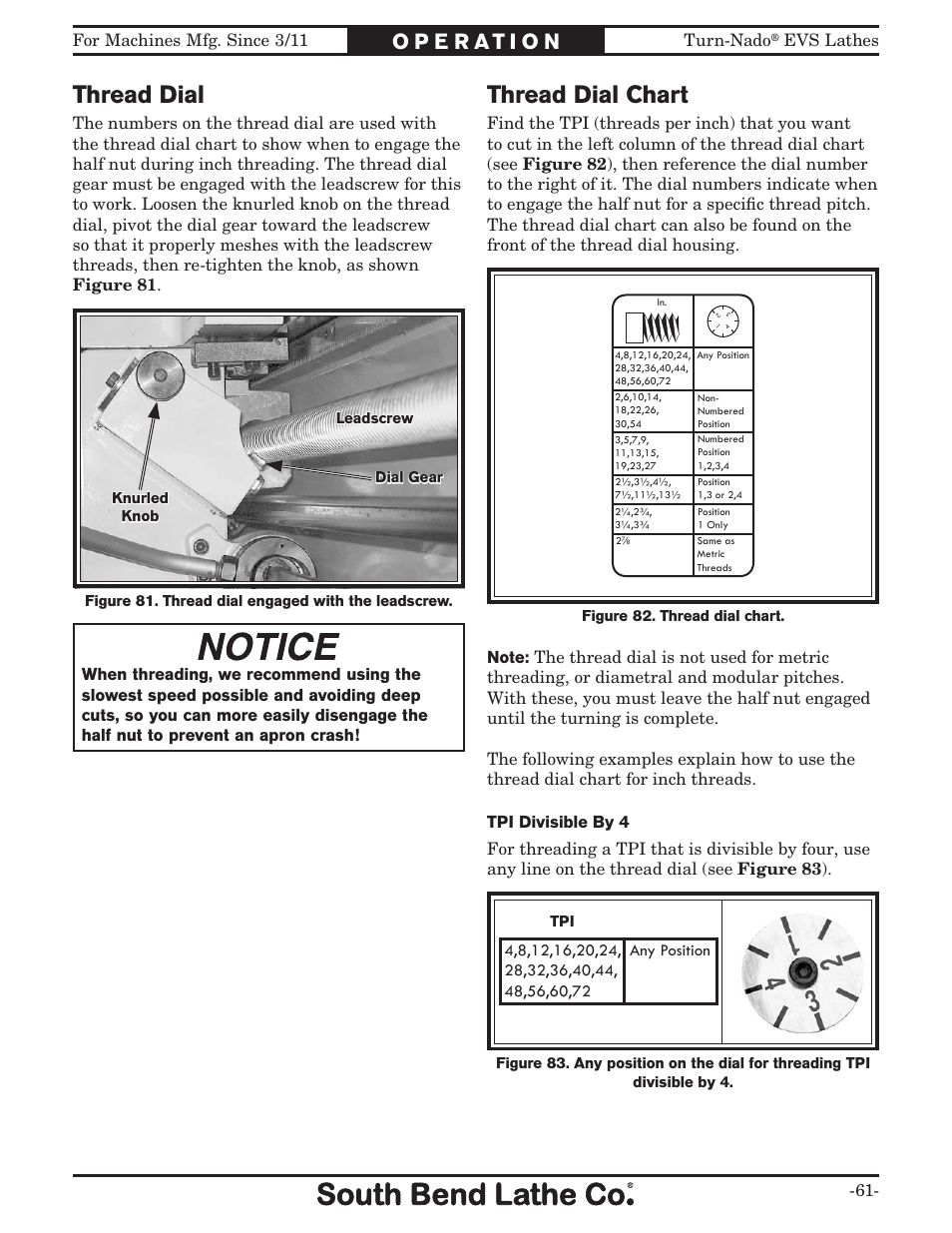 Thread dial, Thread dial chart | Southbend Turn-Nado EVS w/DRO SB1042PF User Manual | Page 63 / 140