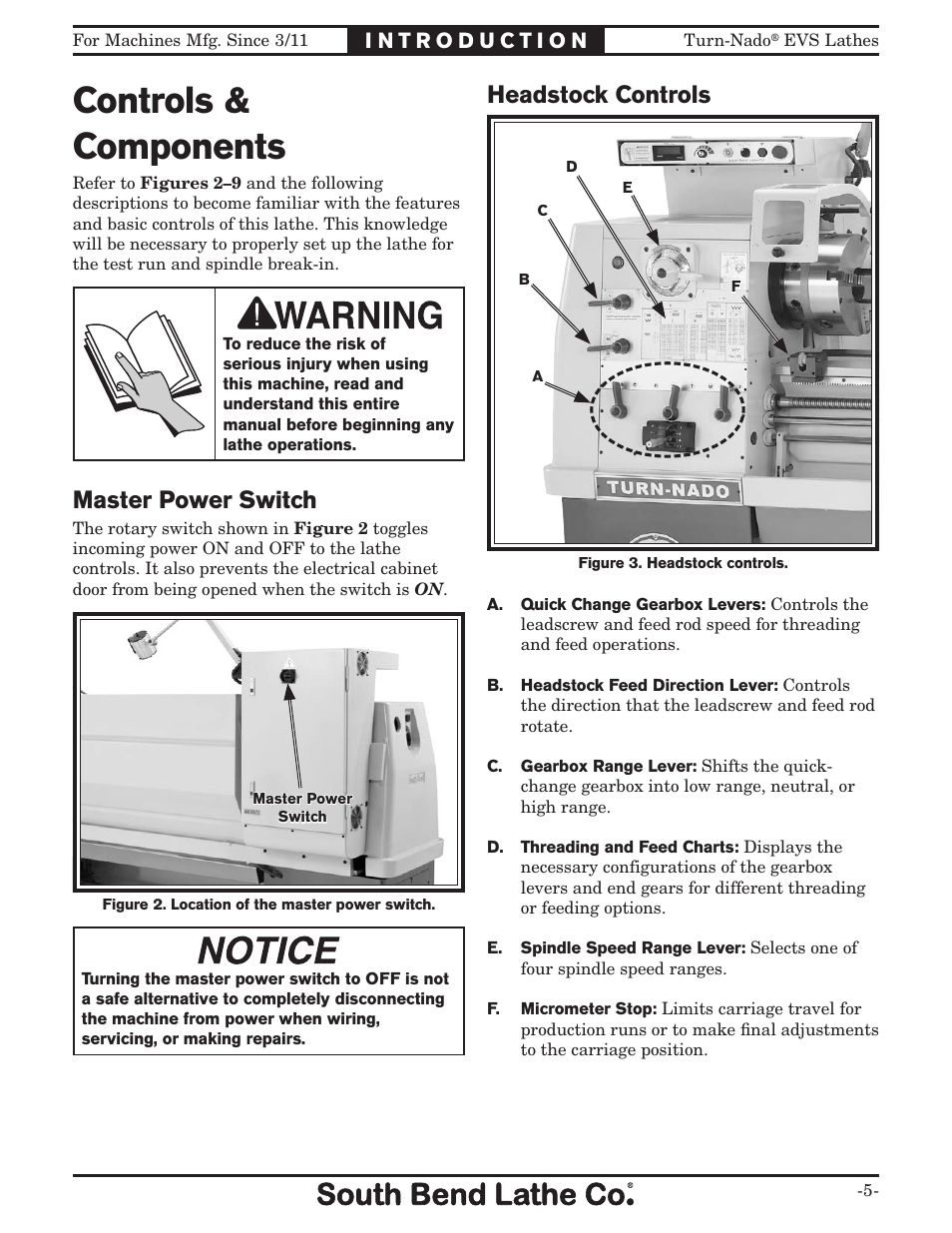 Controls & components, Master power switch, Headstock controls | Southbend Turn-Nado EVS w/DRO SB1042PF User Manual | Page 7 / 140