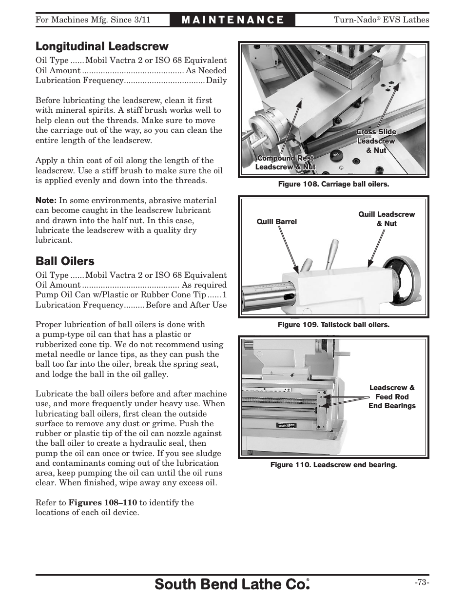 Longitudinal leadscrew, Ball oilers | Southbend Turn-Nado EVS w/DRO SB1042PF User Manual | Page 75 / 140