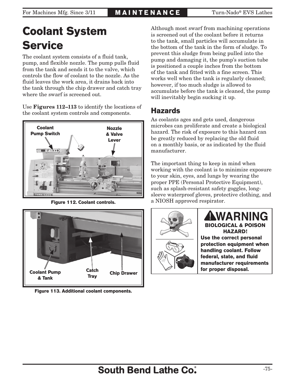 Coolant system service, Hazards | Southbend Turn-Nado EVS w/DRO SB1042PF User Manual | Page 77 / 140