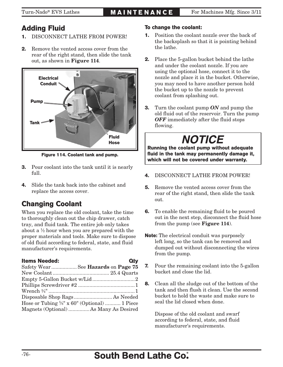 Adding fluid, Changing coolant | Southbend Turn-Nado EVS w/DRO SB1042PF User Manual | Page 78 / 140