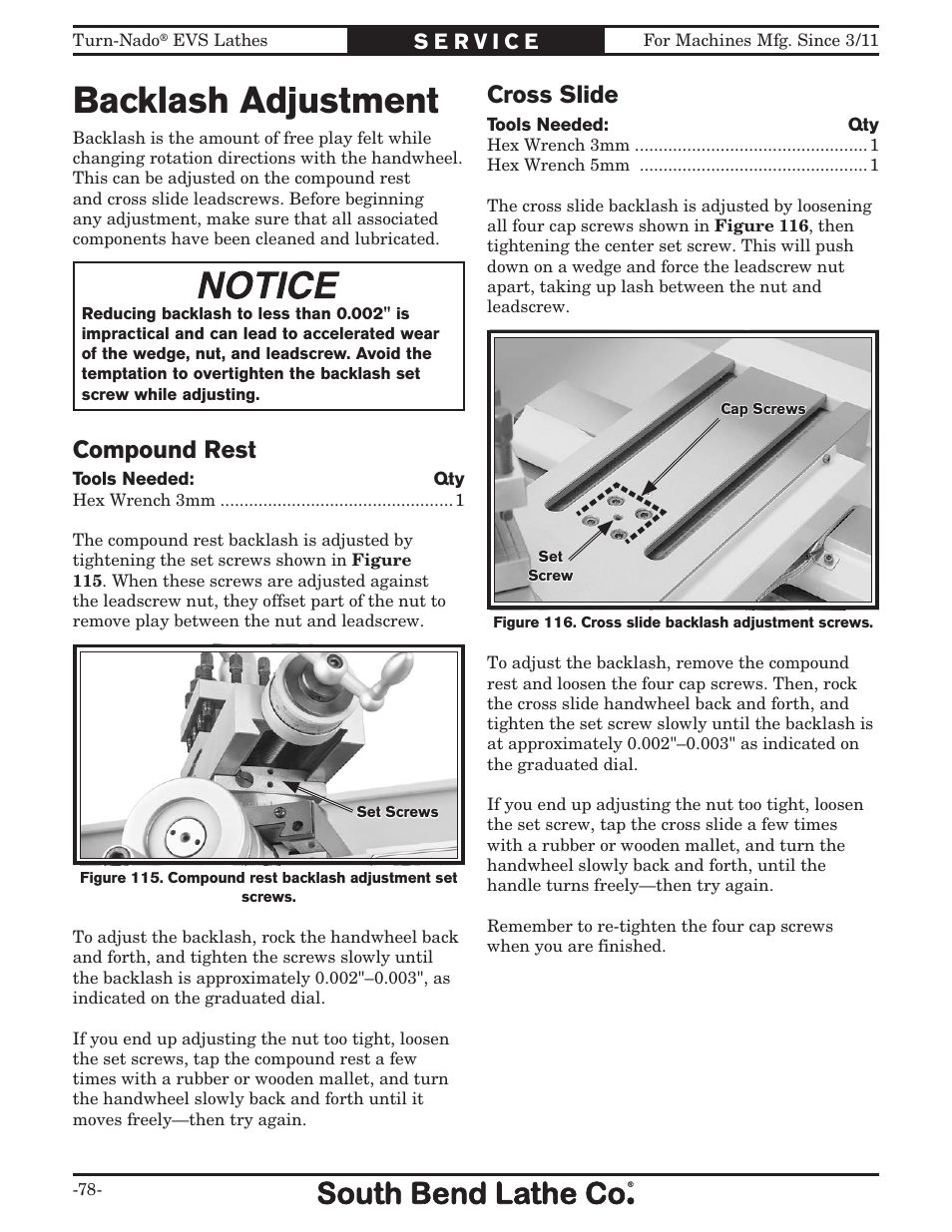 Backlash adjustment, Cross slide, Compound rest | Southbend Turn-Nado EVS w/DRO SB1042PF User Manual | Page 80 / 140