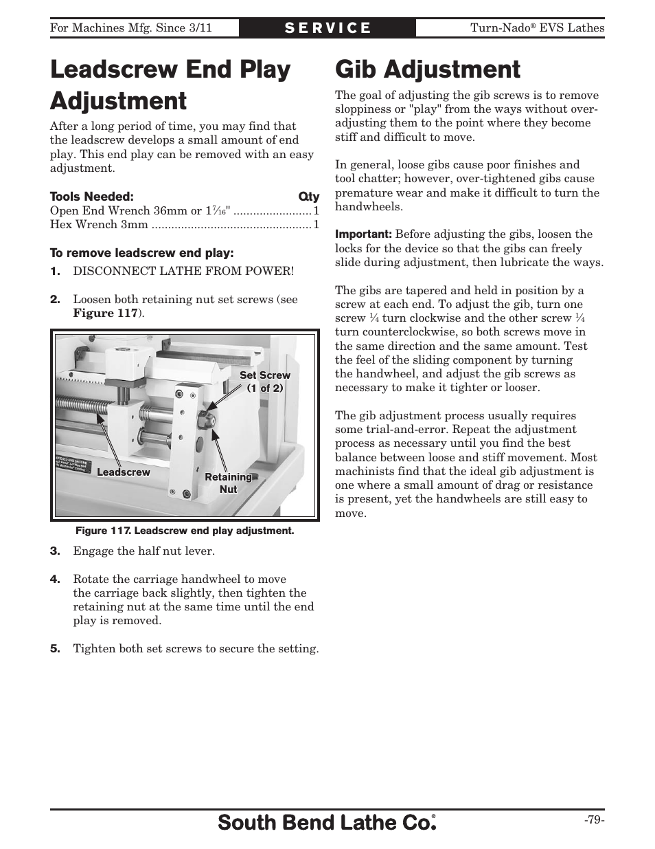 Leadscrew end play adjustment, Gib adjustment | Southbend Turn-Nado EVS w/DRO SB1042PF User Manual | Page 81 / 140