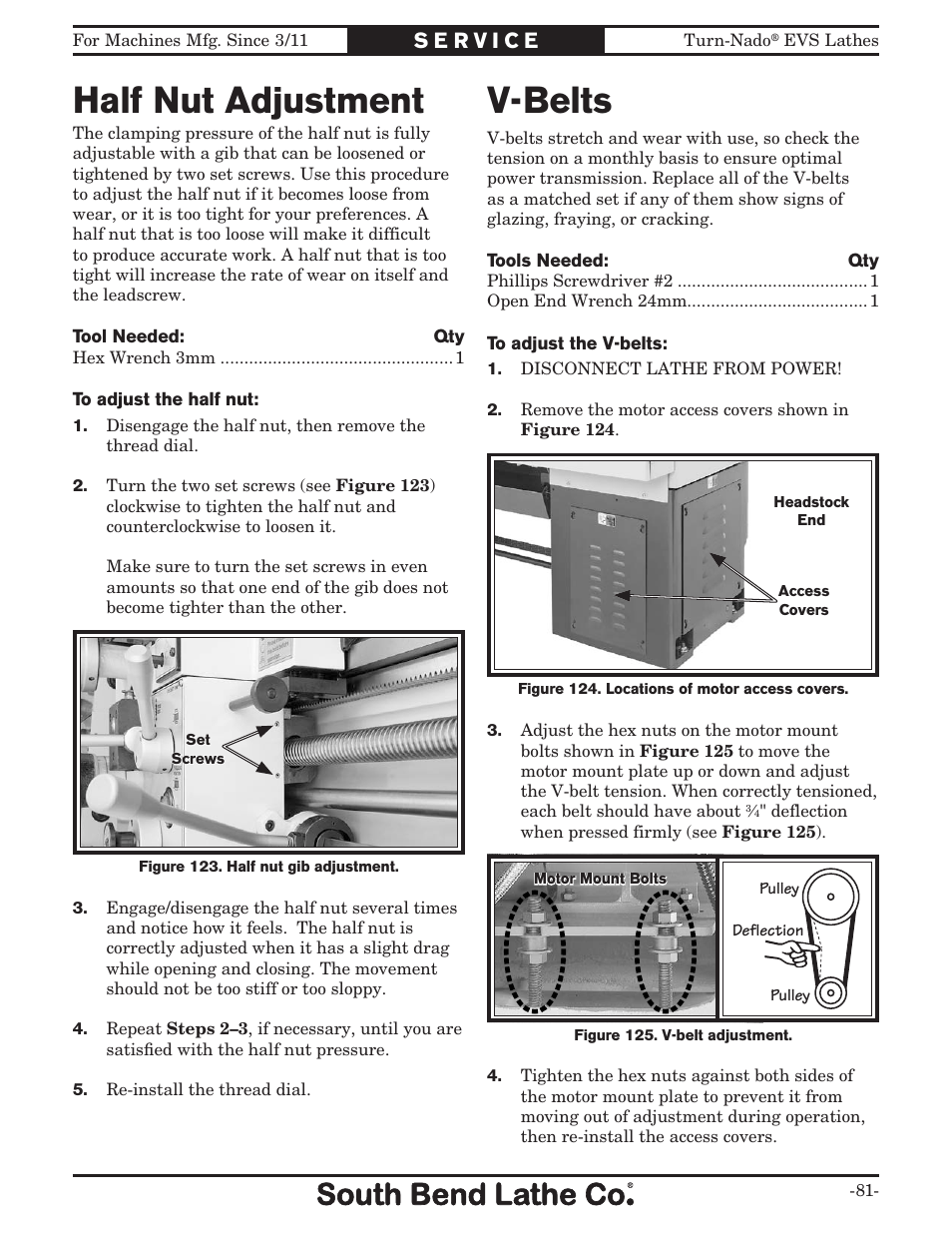 Half nut adjustment, V-belts | Southbend Turn-Nado EVS w/DRO SB1042PF User Manual | Page 83 / 140