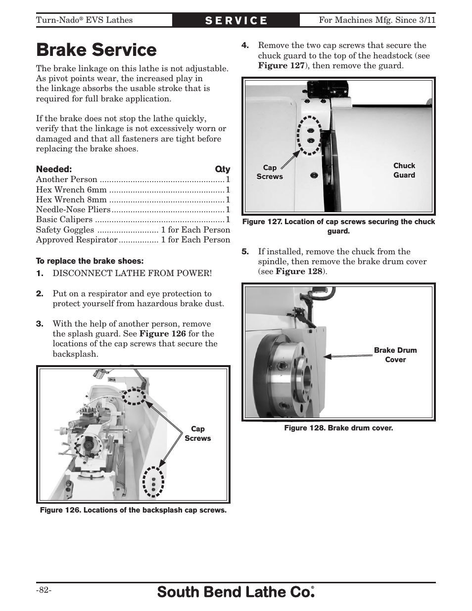 Brake service | Southbend Turn-Nado EVS w/DRO SB1042PF User Manual | Page 84 / 140