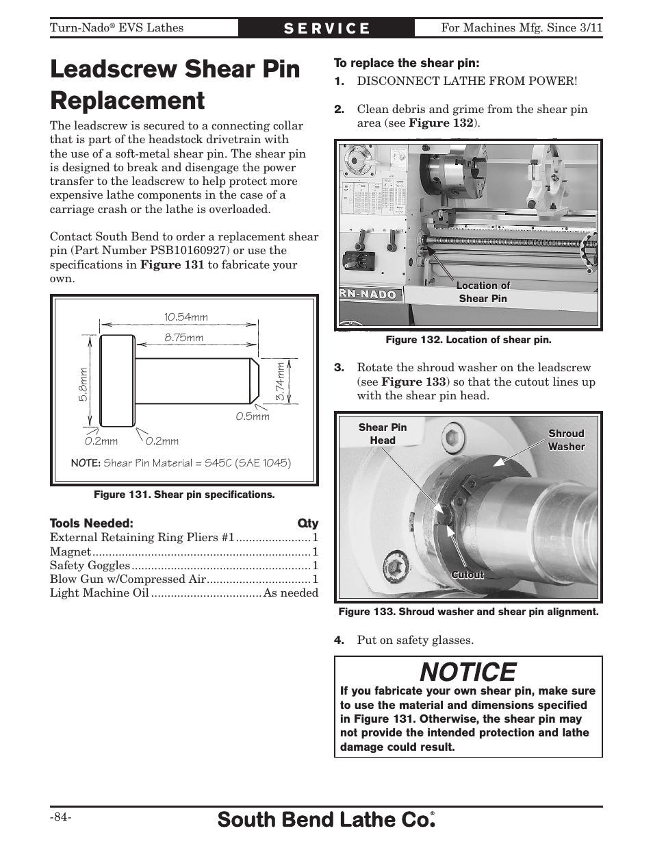 Leadscrew shear pin replacement | Southbend Turn-Nado EVS w/DRO SB1042PF User Manual | Page 86 / 140